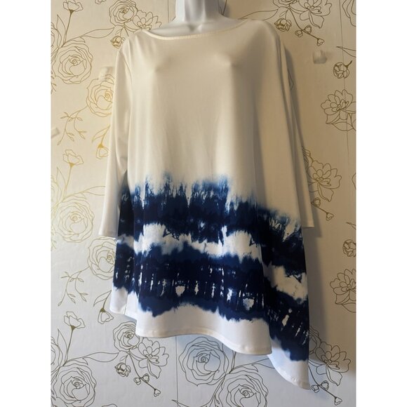 Chicos Top  Blouse Size XL Asymmetrical Tie Dye Top Boat Neck Slinky Jersey 078 - Picture 3 of 6